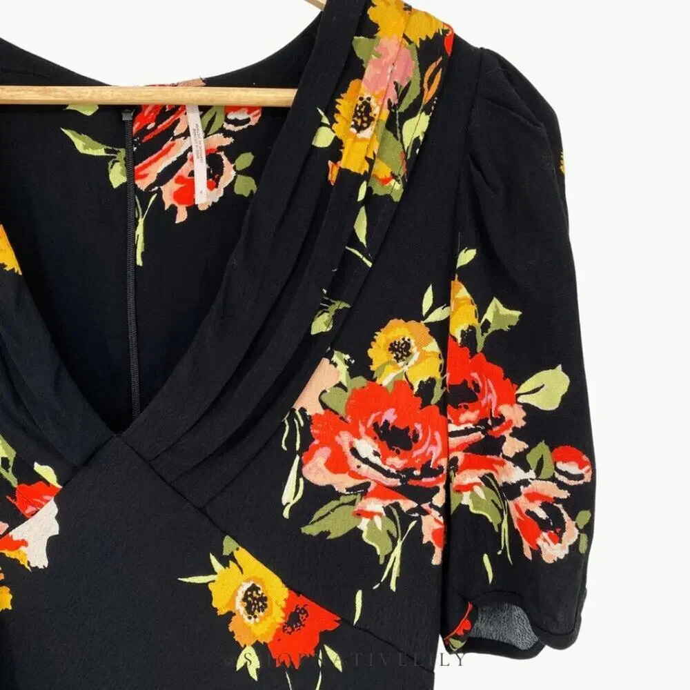 Free People Neon Garden Floral Mini Dress Size 4 Boho Puff Sleeve